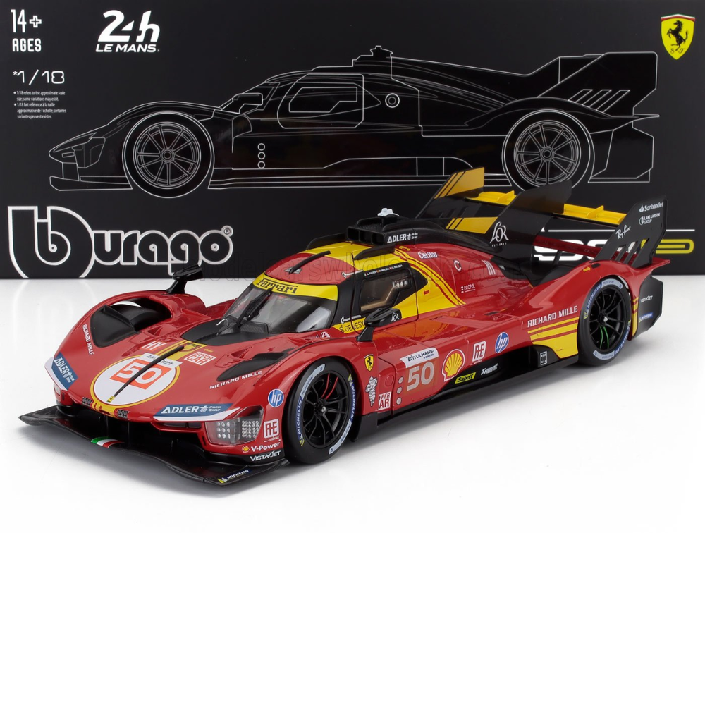 Bburago 1/18 – Ferrari 499P #50 Winner 24h Le Mans 2024 – AF Corse – Avec vitrine