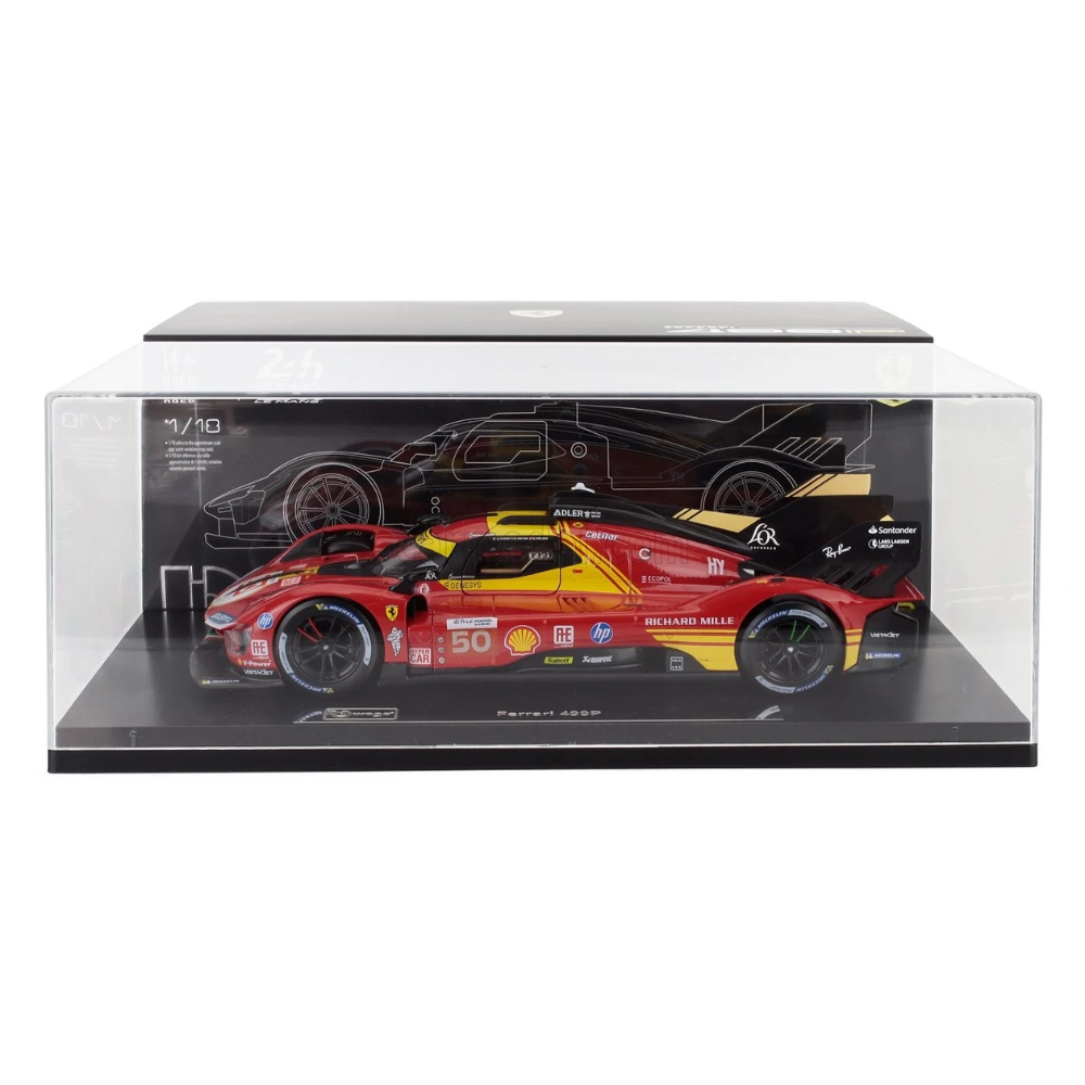 Bburago 1/18 – Ferrari 499P #50 Winner 24h Le Mans 2024 – AF Corse – Avec vitrine