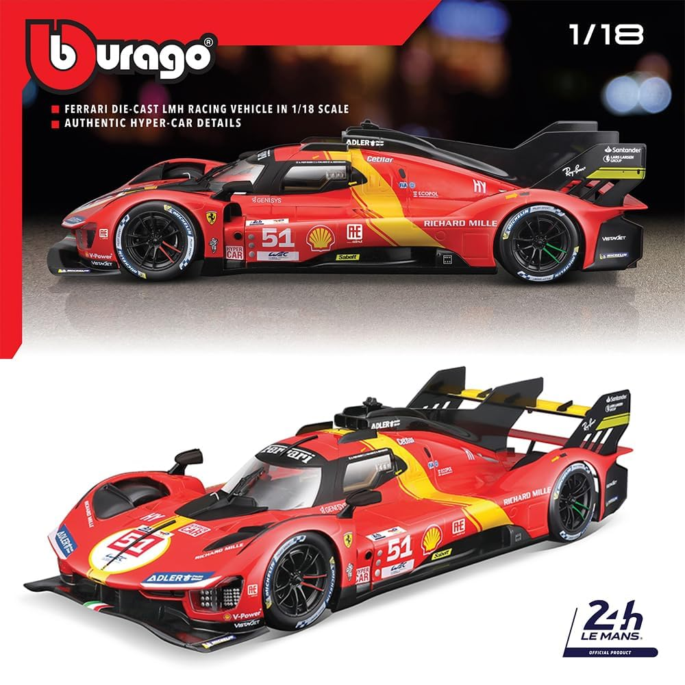 Burago 1/18 – Ferrari 499P AF Corse n°51 Vainqueur 24h du Mans 2023 – PIER GUIDI - CALADO - GIOVINAZZI